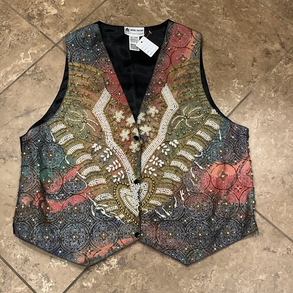 Vintage Embellished Beaded Vest Size M Ana Mori Gold Bohemian NWOT